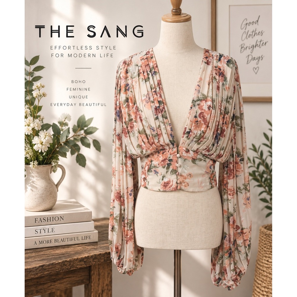 The Sang Floral Blouse Large Cream Chiffon Boho Cropped Top Romantic Victorian
